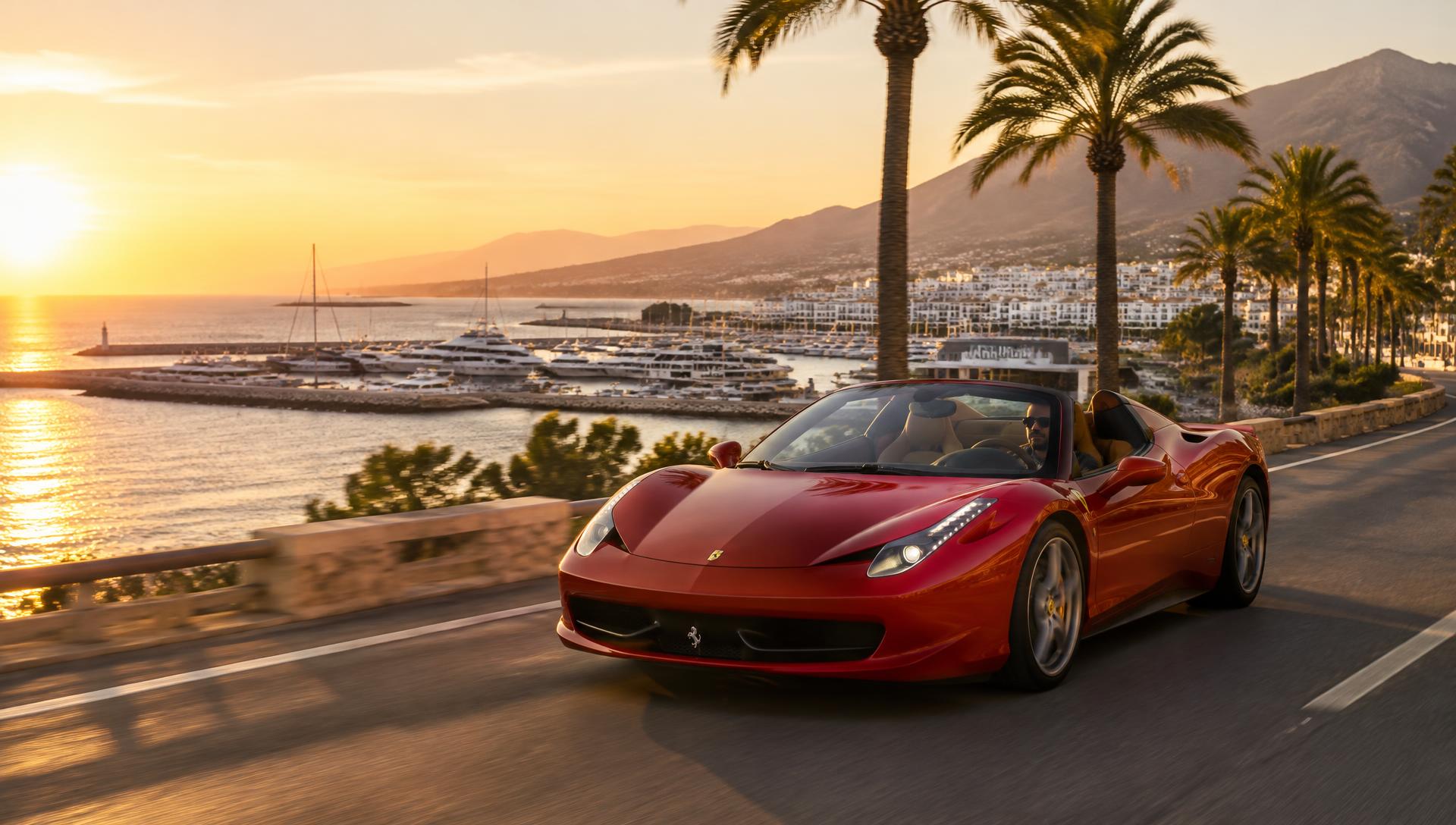 Ferrari 458 Spider on a Costa del Sol coastal road near Puerto Banús at golden hour